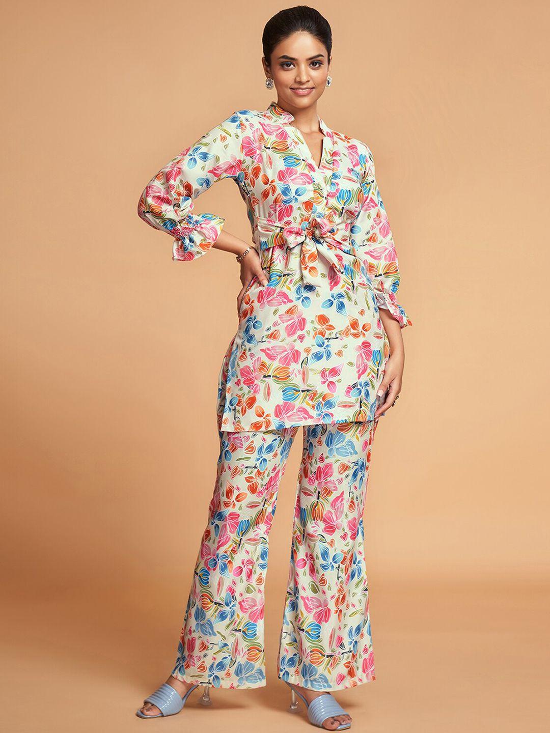 odette printed shirt collar tunic with trousers