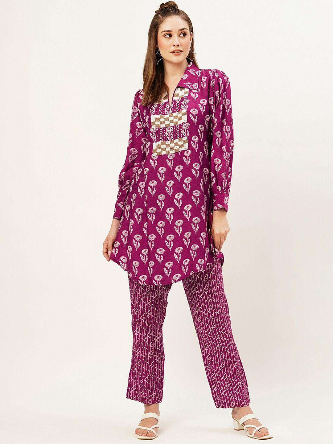 odette printed v-neck top with straight trousers co-ords