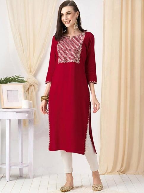 odette red embroidered straight kurta