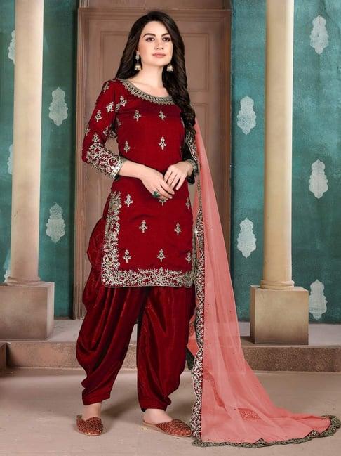 odette red embroidered unstitched dress material