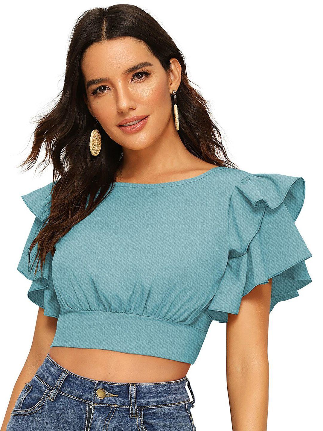 odette round neck short sleeves flutter sleeves blouson acrylic crop top