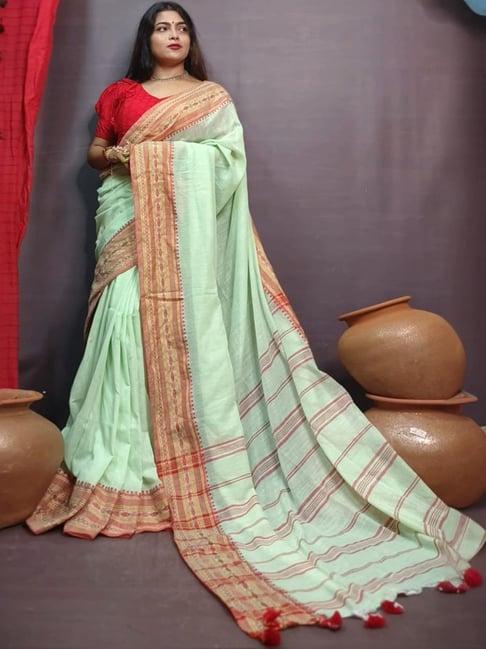 odette sage green woven saree with unstitched blouse