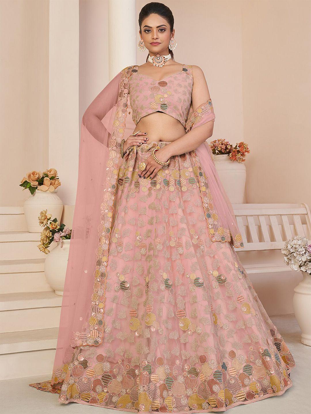 odette sequinned embroidered semi-stitched net lehenga & unstitched blouse with dupatta