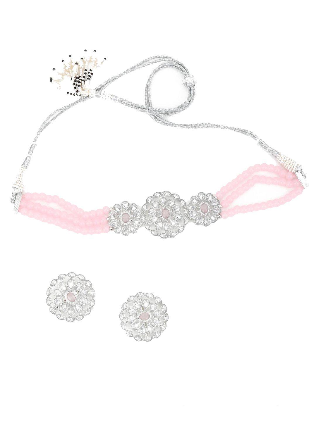 odette silver-plated stone-studded & beaded choker with earrings