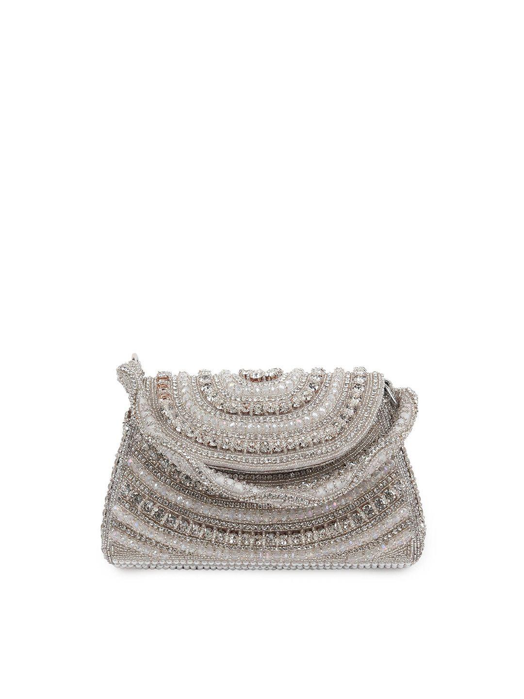 odette silver-toned & beige embellished foldover clutch