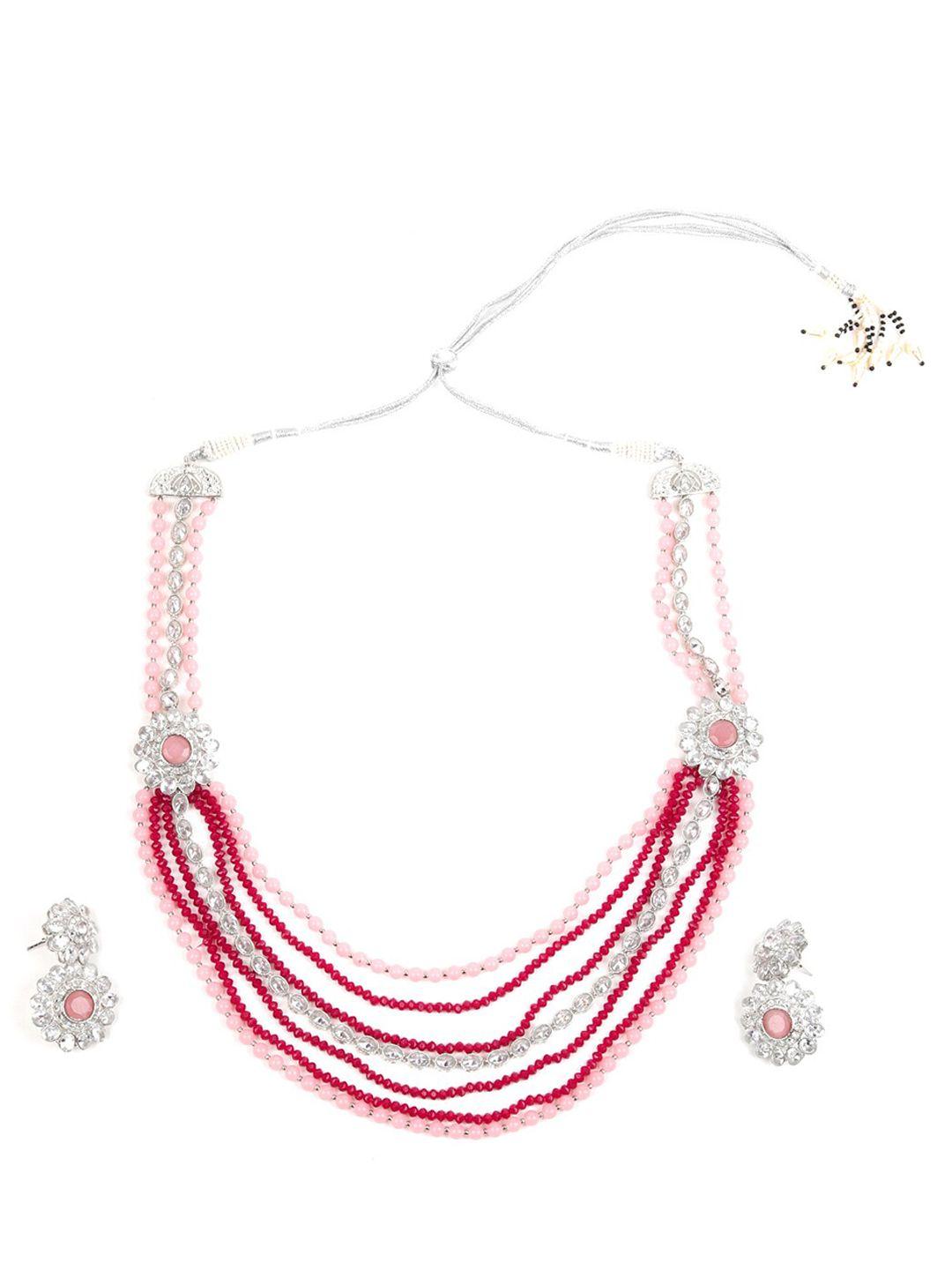 odette silver-toned & red stone-studded & beaded layered jewellery set