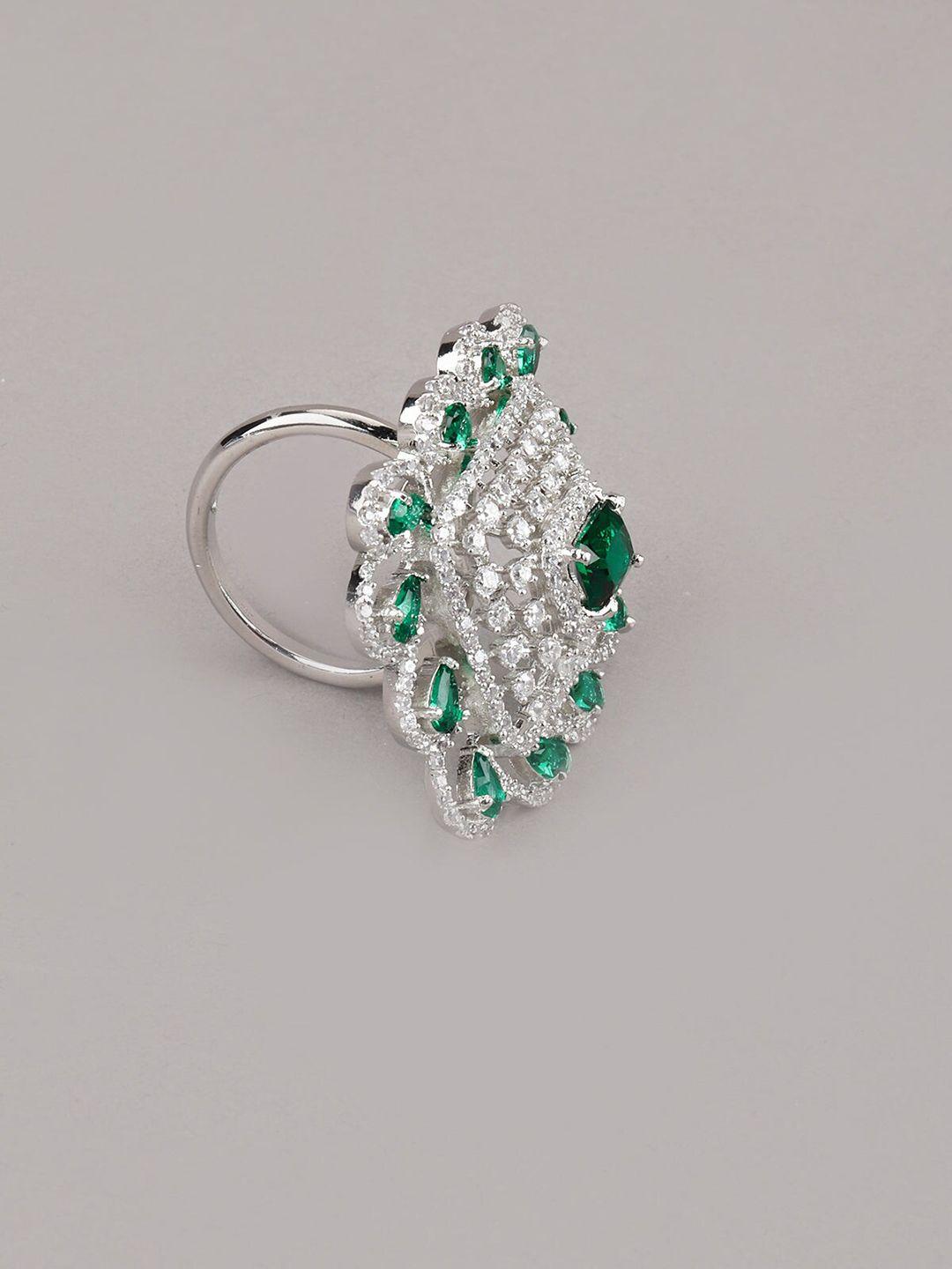 odette silver-toned green & white stone studded finger ring