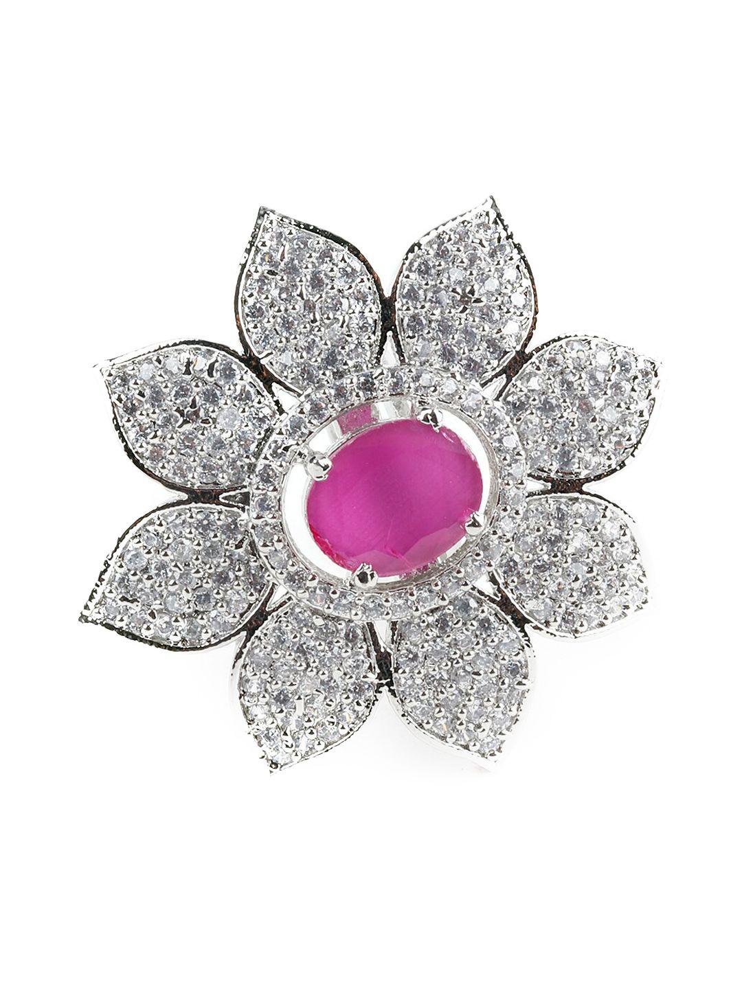 odette silver-toned white & pink crystal-studded finger ring
