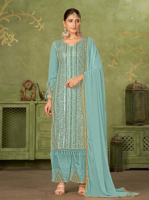 odette sky blue embroidered semi stitched dress material