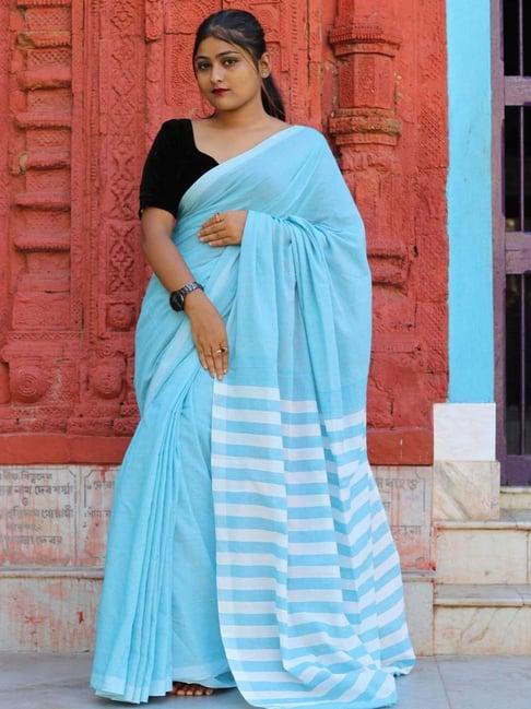 odette sky blue striped saree with unstitched blouse
