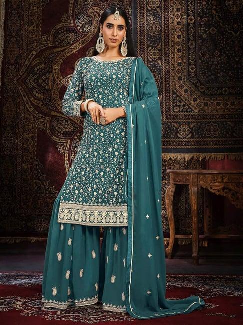 odette teal blue embroidered unstitched dress material