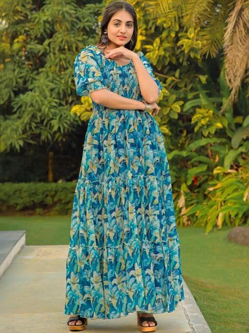 odette teal blue floral print maxi dress