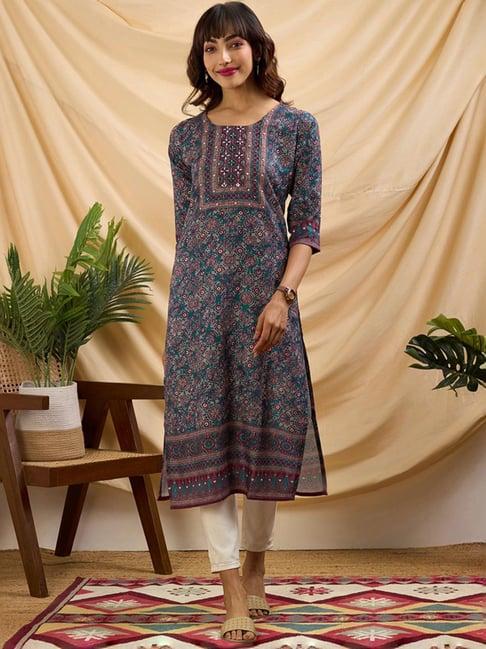 odette teal blue linen printed straight kurta