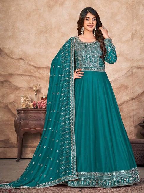 odette teal green embroidered unstitched dress material