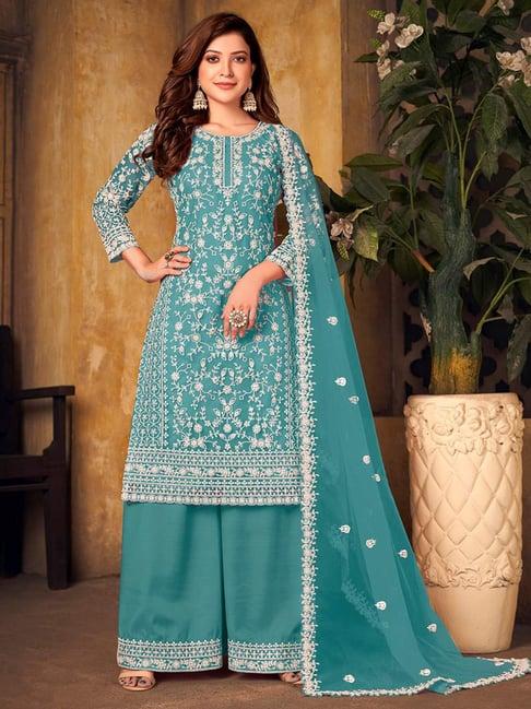 odette turquoise embroidered unstitched dress material