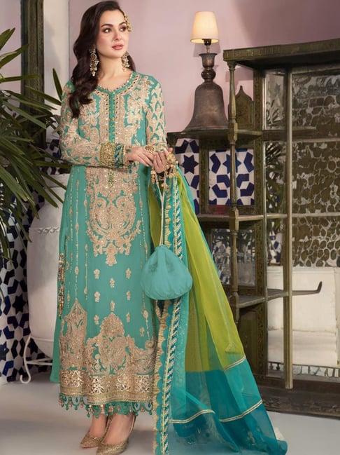 odette turquoise embroidered unstitched dress material