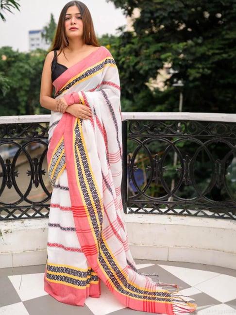 odette white & pink woven saree with unstitched blouse