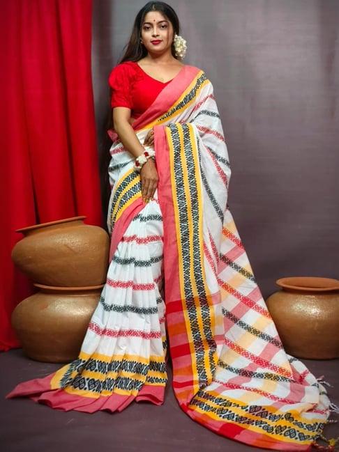 odette white & red woven saree with unstitched blouse