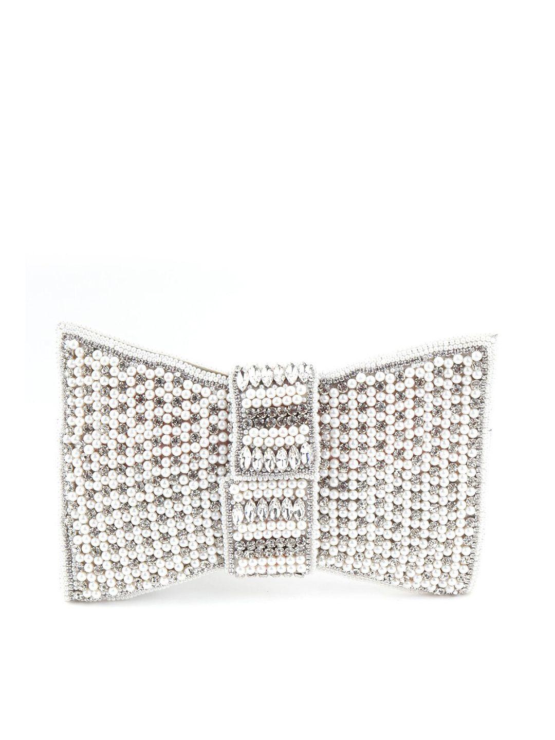 odette white & silver-toned rhinestone embellished purse clutch