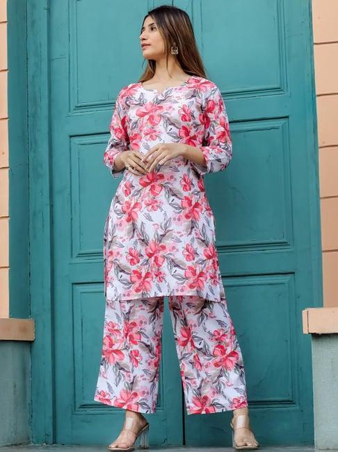 odette white floral print kurti palazzo set