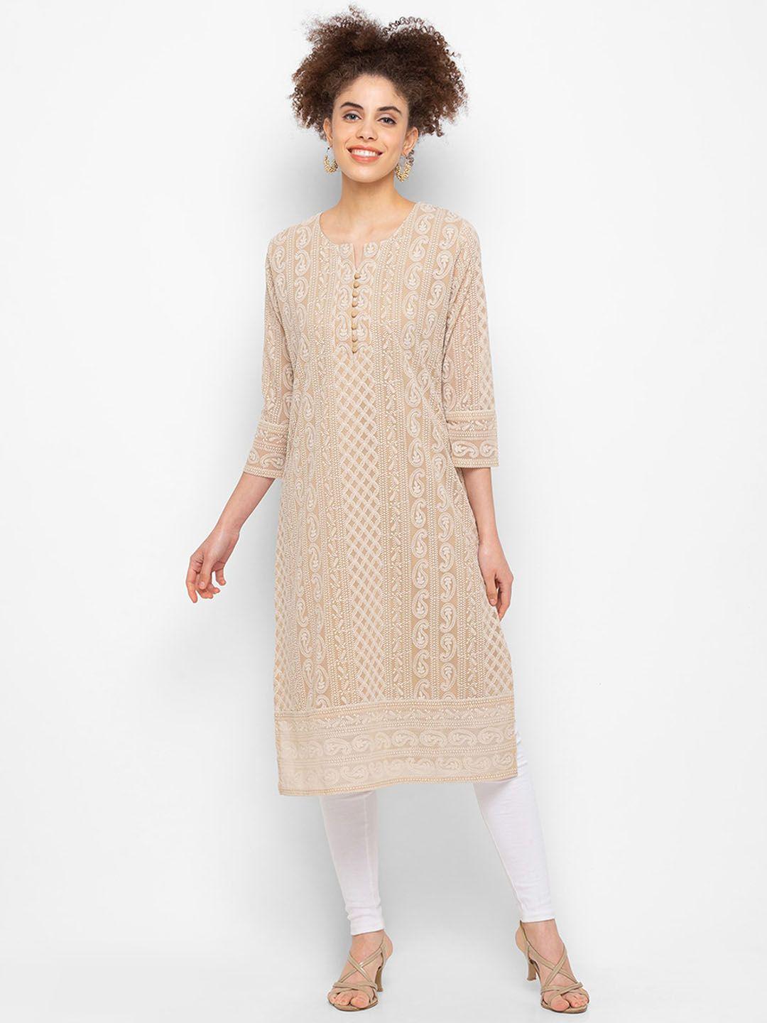 odette women beige ethnic motifs georgette kurta