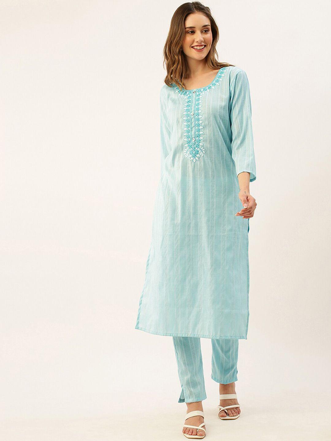 odette women blue floral embroidered regular thread work kurta with trousers