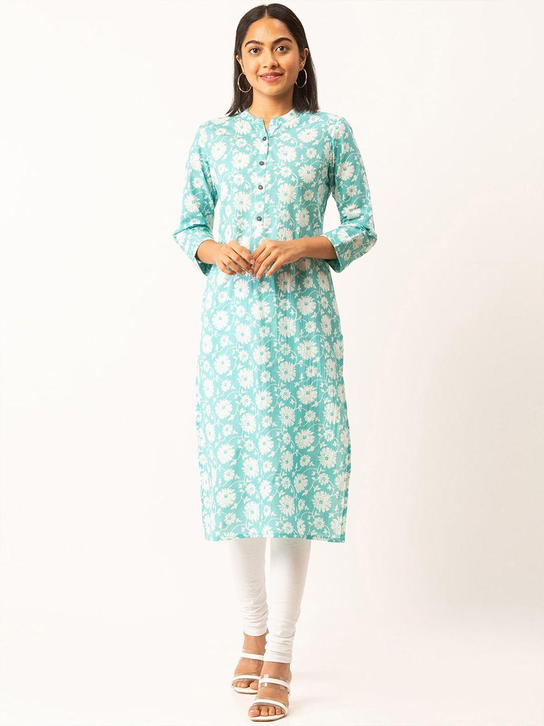 odette women blue floral printed flared sleeves thread work kurta