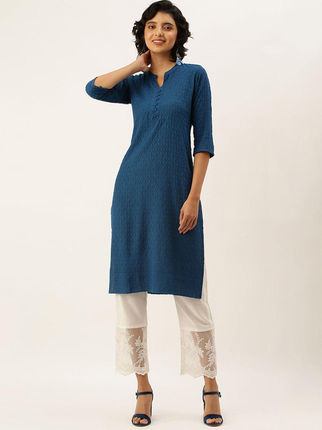 odette women blue thread work kurta