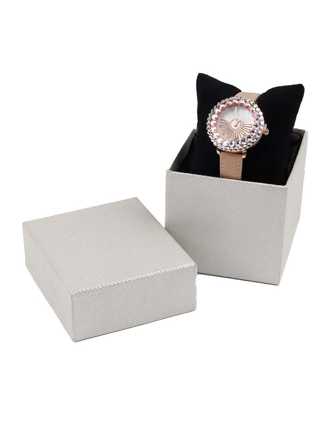 odette women embellished dial & leather bracelet style straps watch