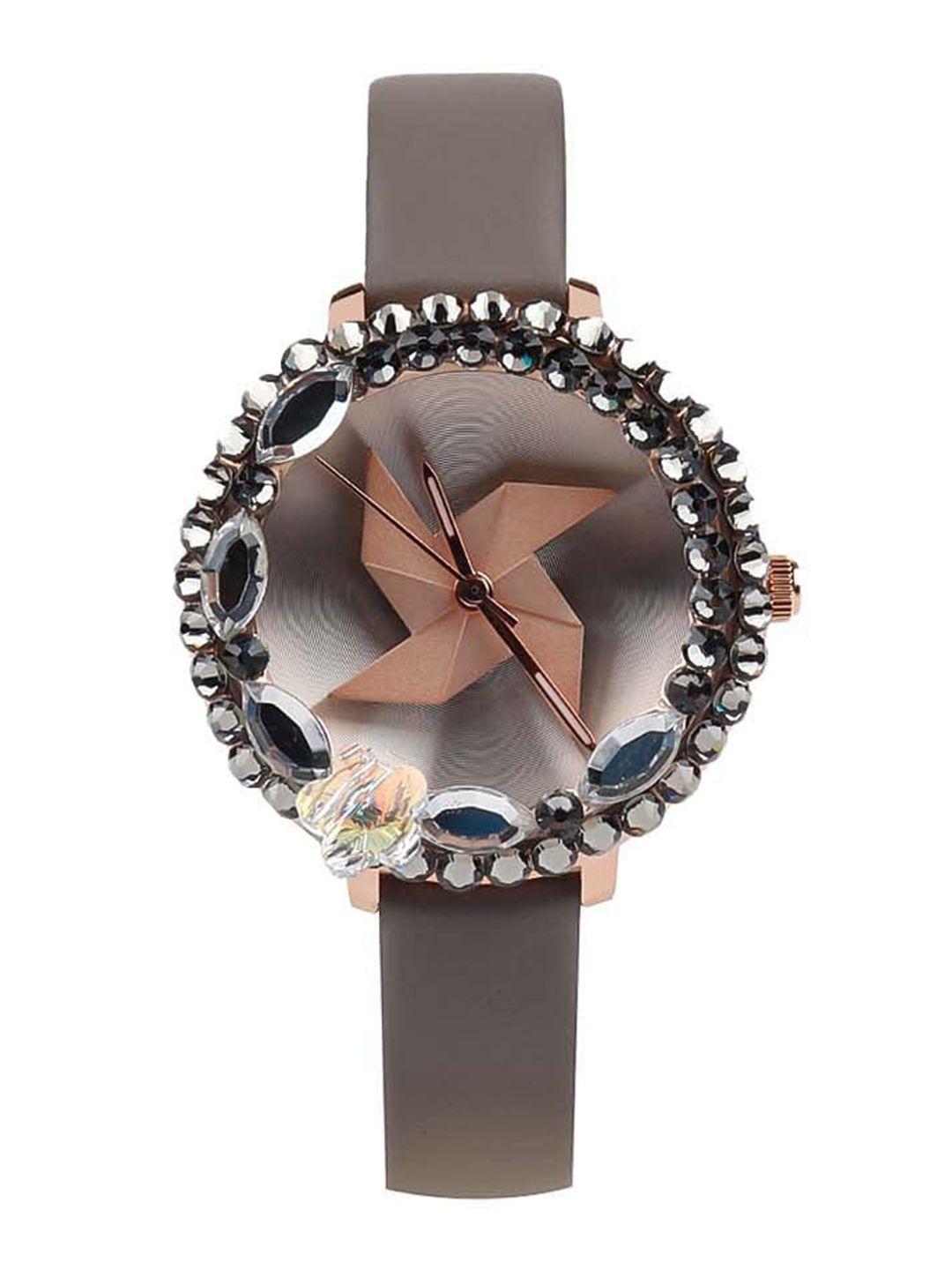 odette women embellished dial & leather straps analogue watch new133