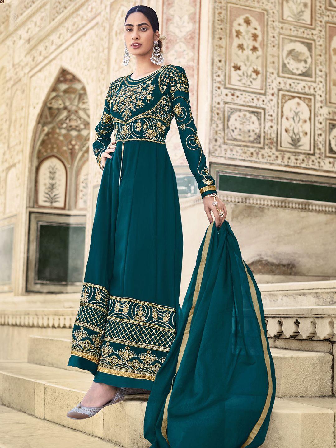 odette women ethnic motifs embroidered empire kurta with trousers & with dupatta