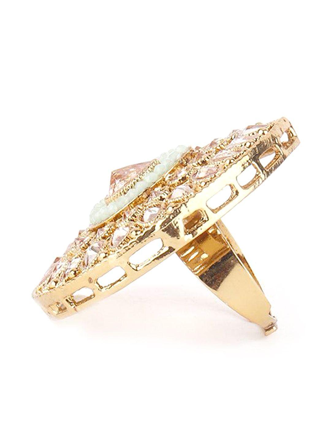 odette women gold-plated stones & pearls studded drop shaped adjustable finger ring