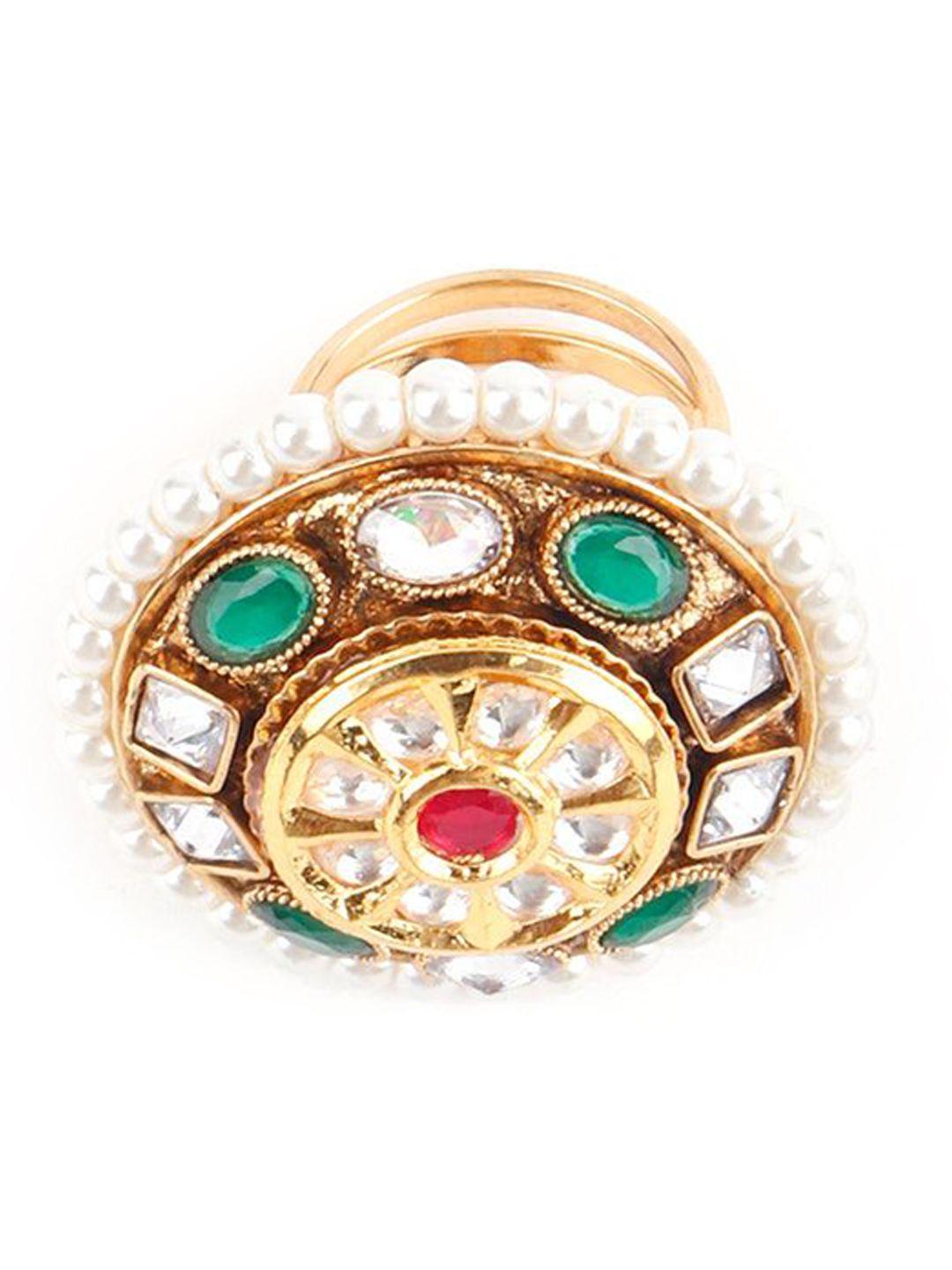 odette women gold-plated stones & pearls studded round shaped adjustable finger ring