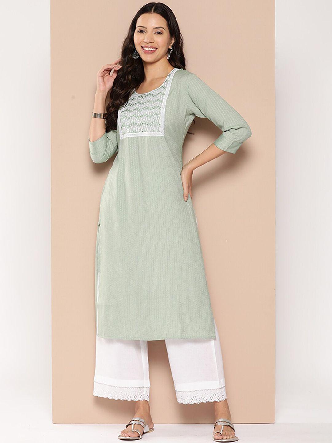 odette women green embroidered kurta