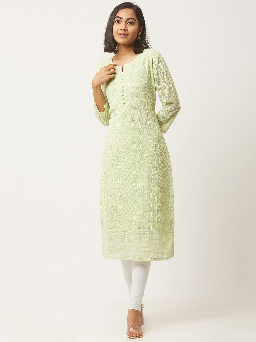 odette women green geometric embroidered thread work georgette kurta