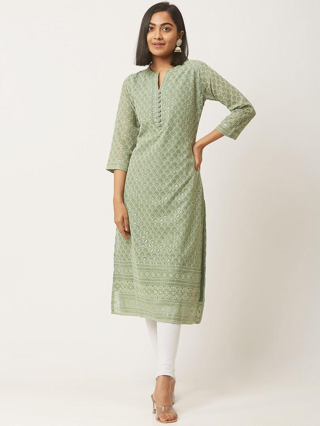 odette women green geometric thread work georgette kurta