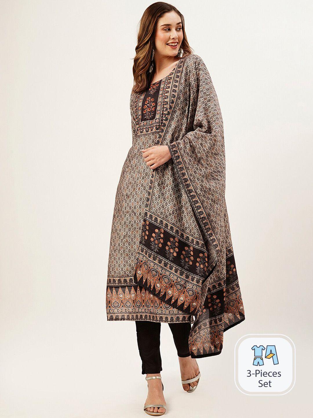 odette women grey ethnic motifs printed regular sequinned kurta with trousers & with dupatta