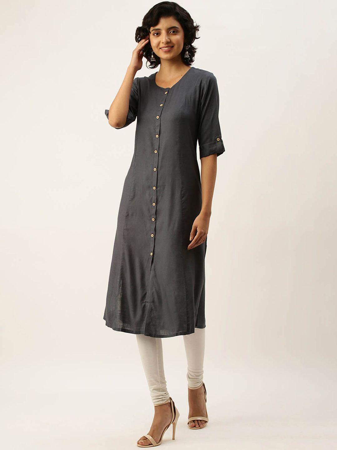 odette women grey geometric colourblocked keyhole neck thread work kurta