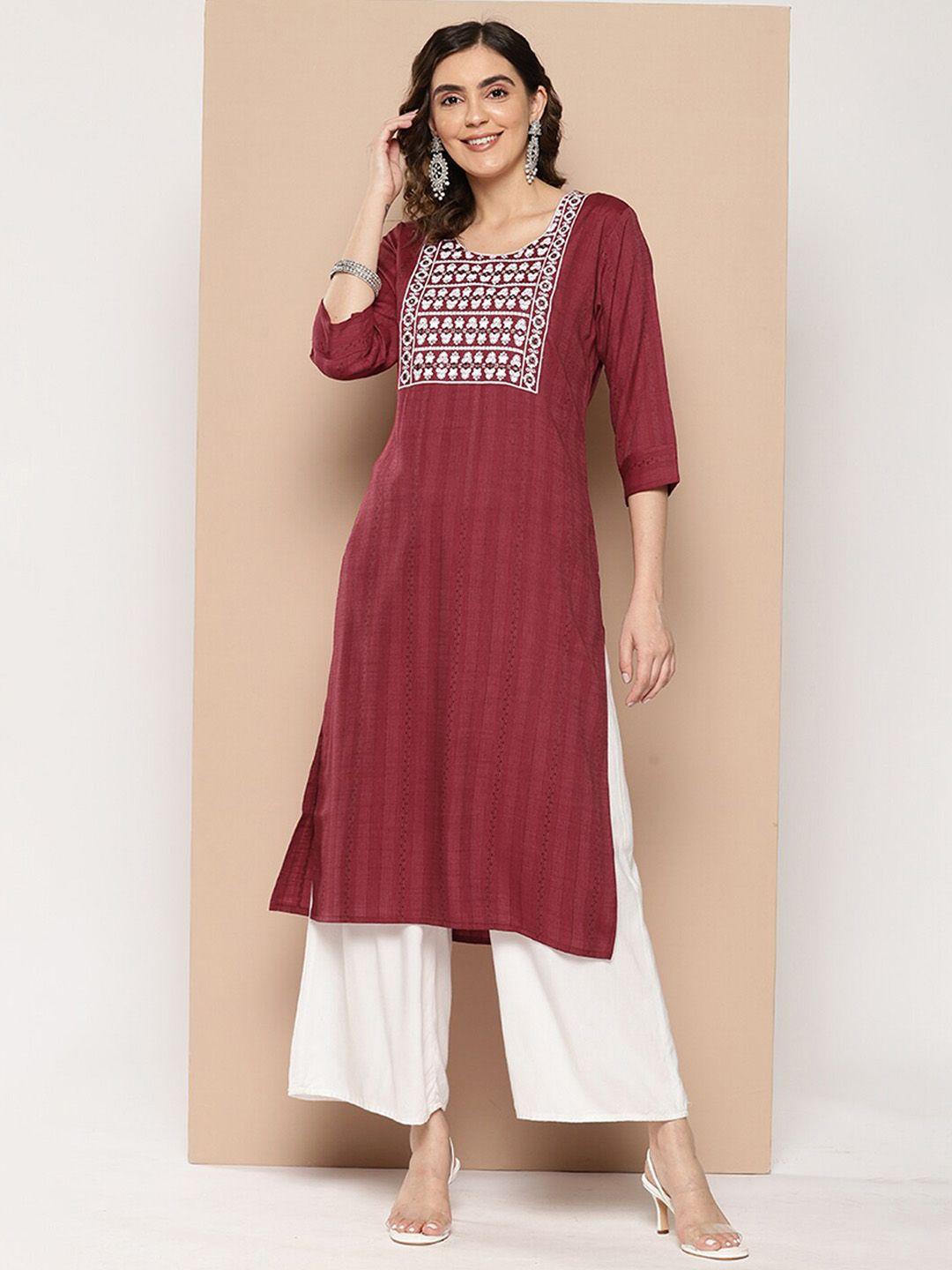 odette women maroon embroidered kurta