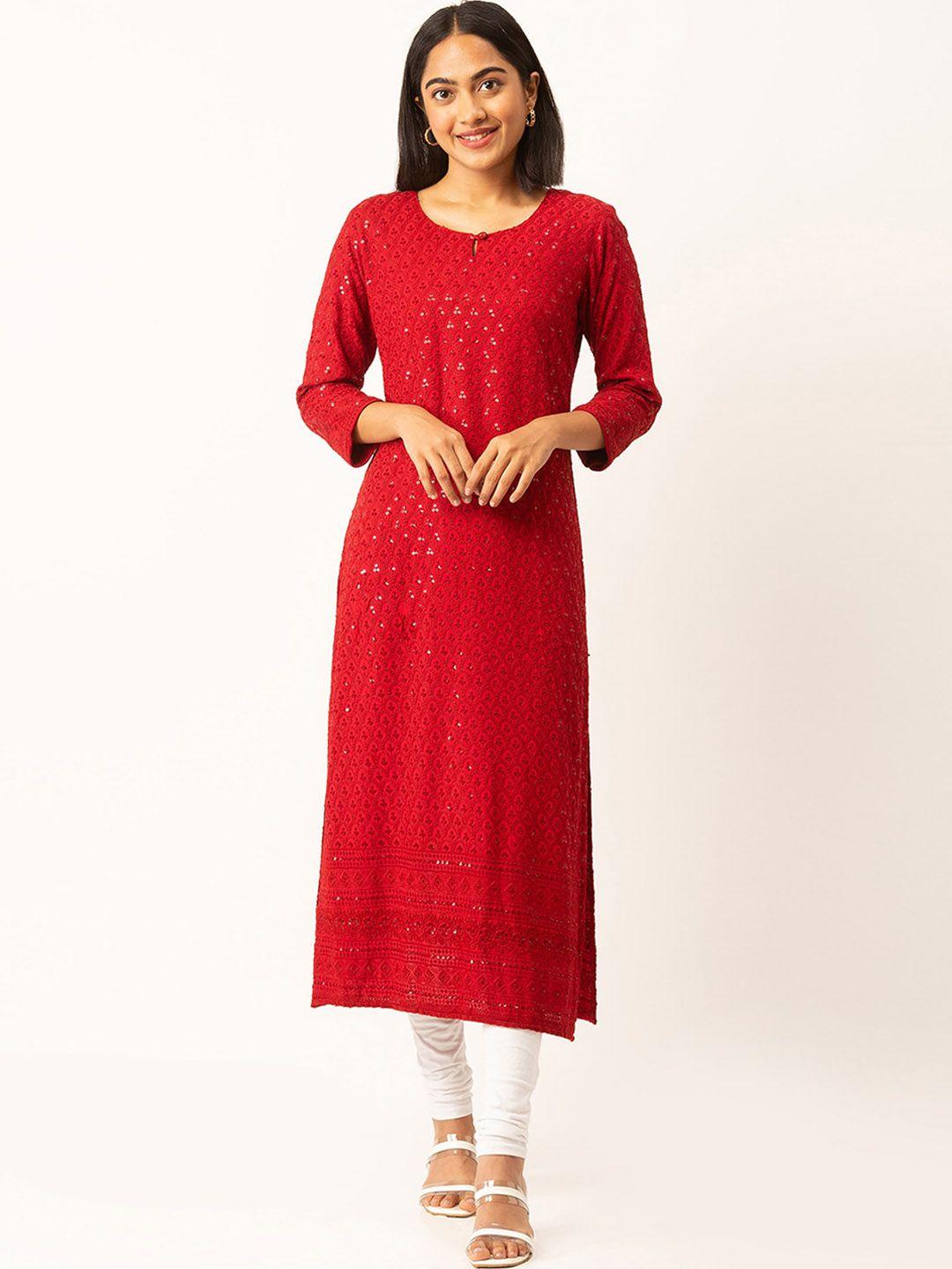 odette women maroon ethnic motifs embroidered chikankari anarkali kurta