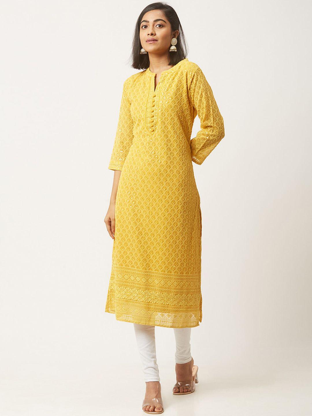 odette women mustard yellow ethnic motifs printed gotta patti georgette kurta