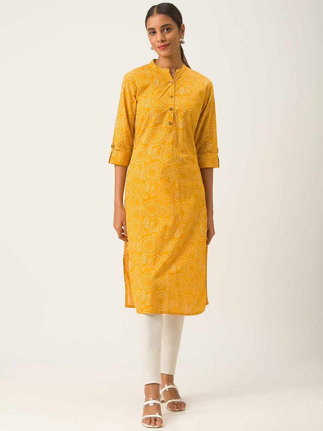 odette women mustard yellow ethnic motifs printed thread work kurta