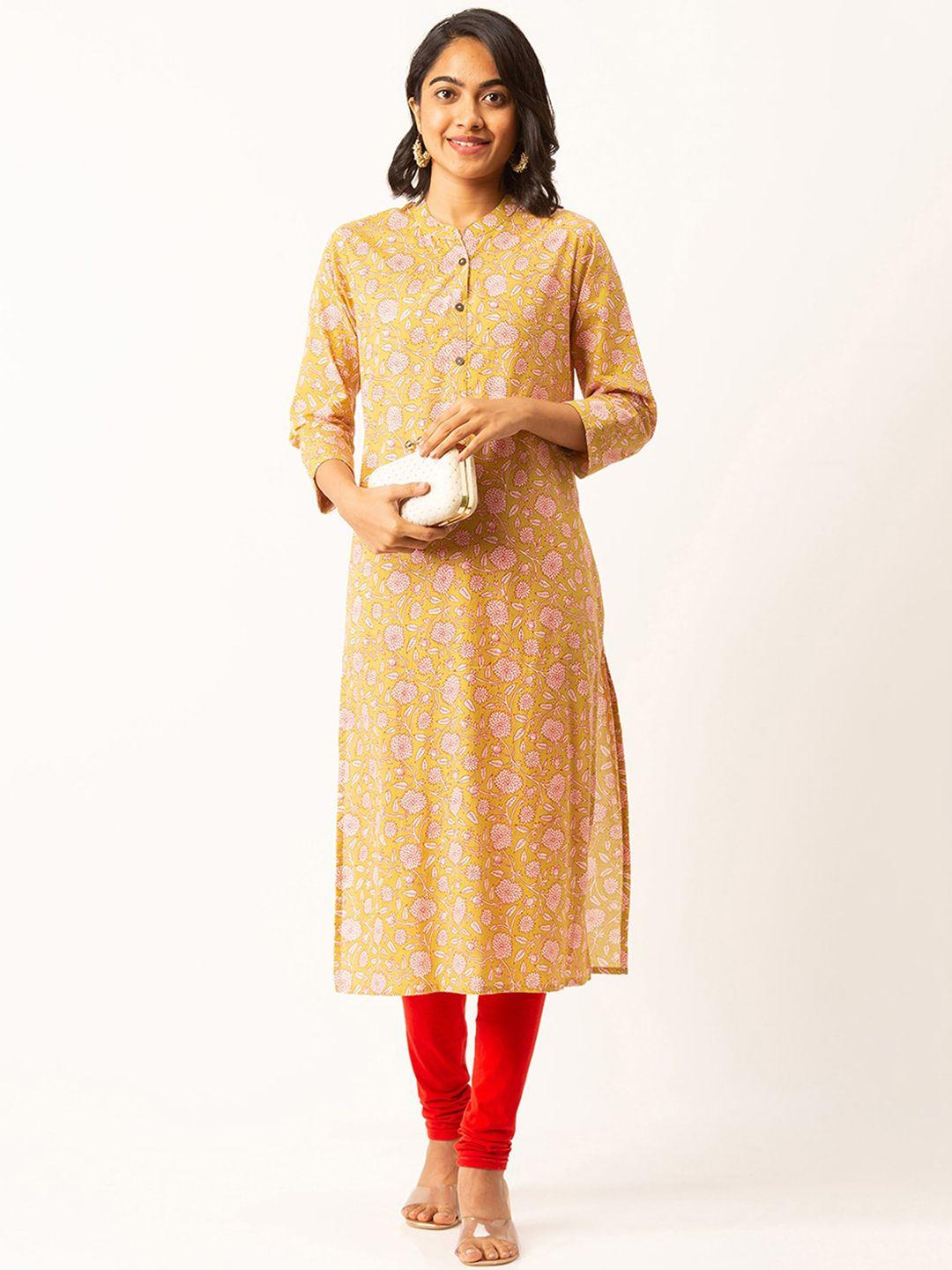 odette women mustard yellow floral printed chikankari kurta