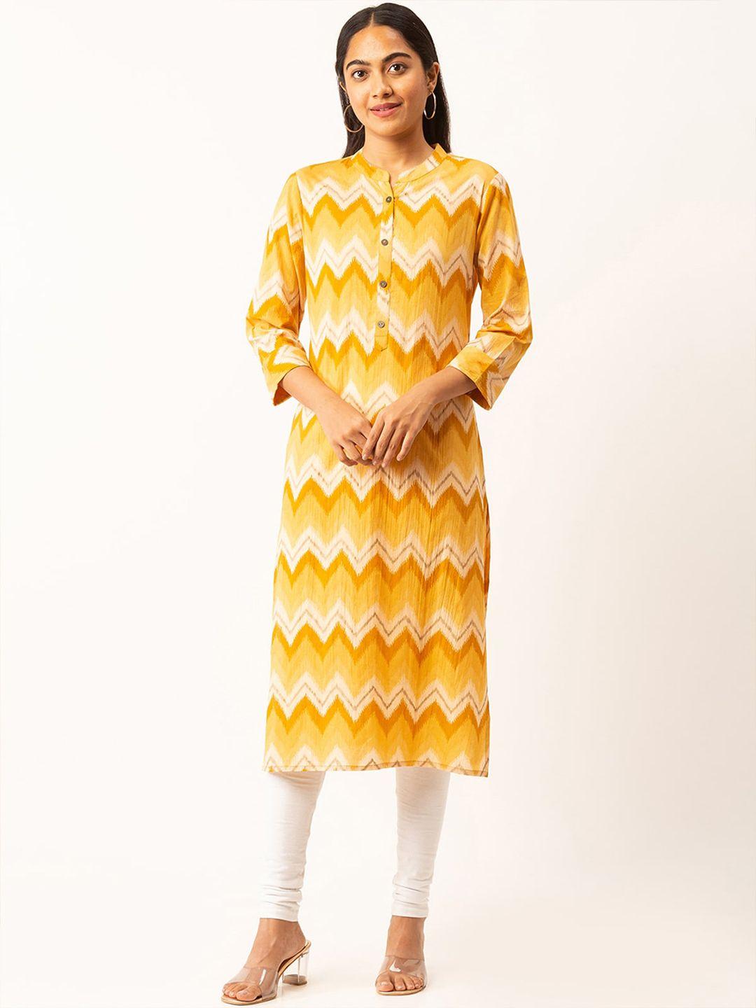 odette women mustard yellow geometric dyed thread work kurta