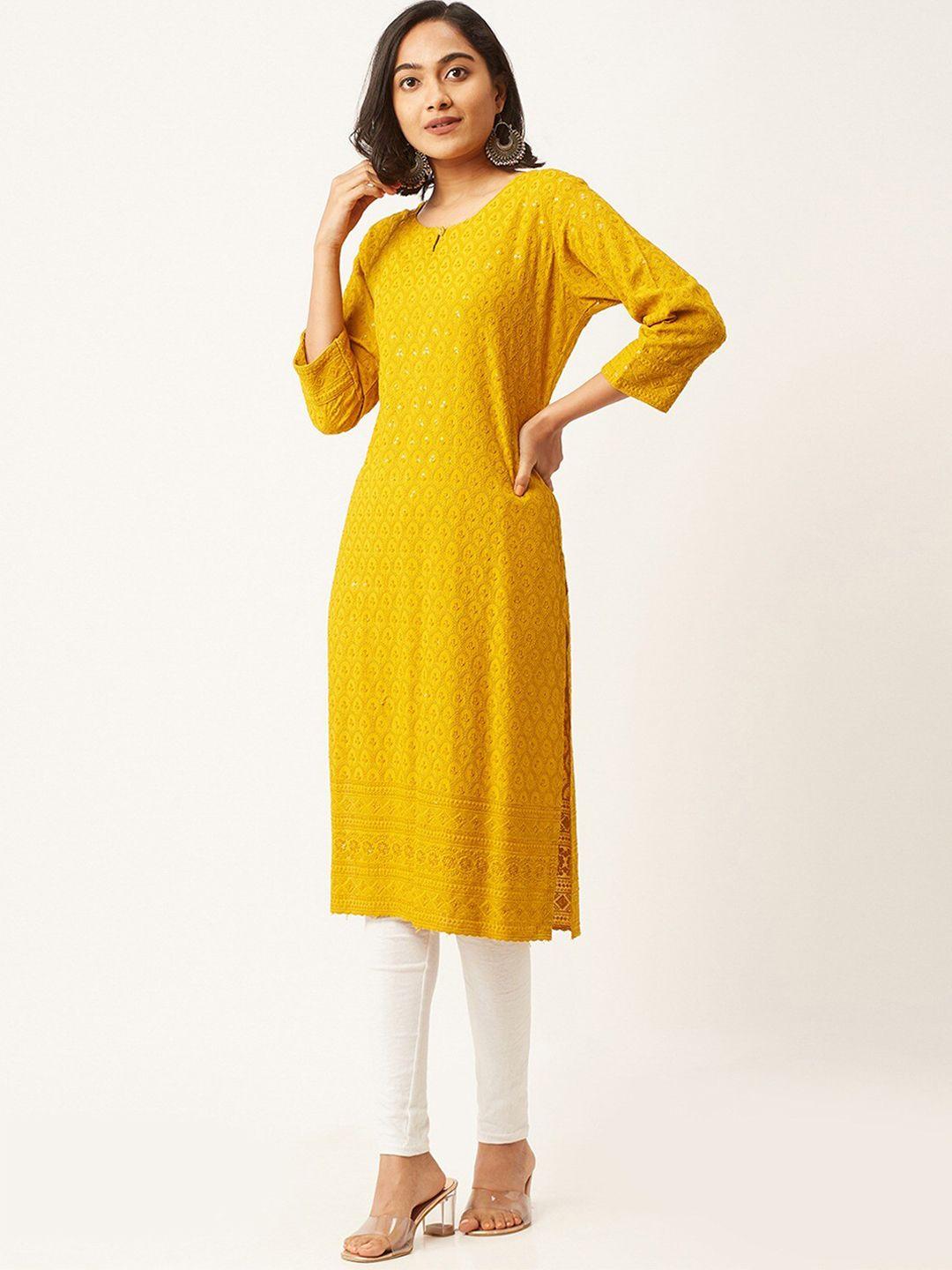 odette women mustard yellow keyhole neck flared sleeves sequinned kurta