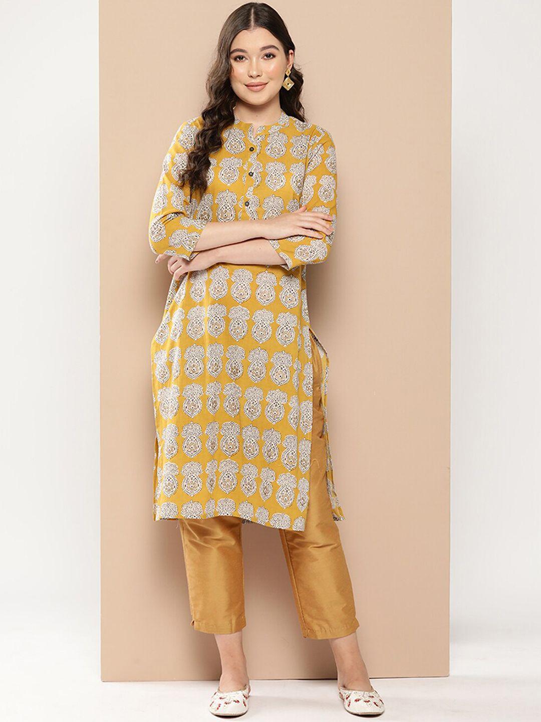 odette women mustard yellow printed kurta