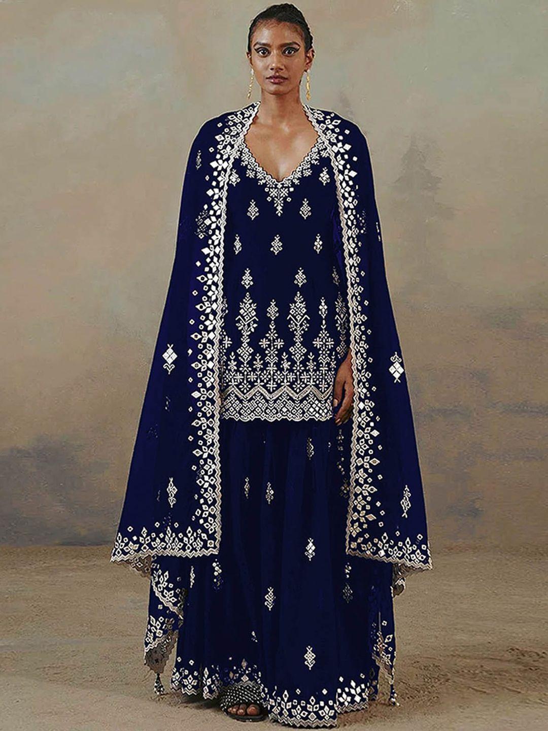 odette women navy blue & silver ethnic motifs kurti with sharara & with dupatta
