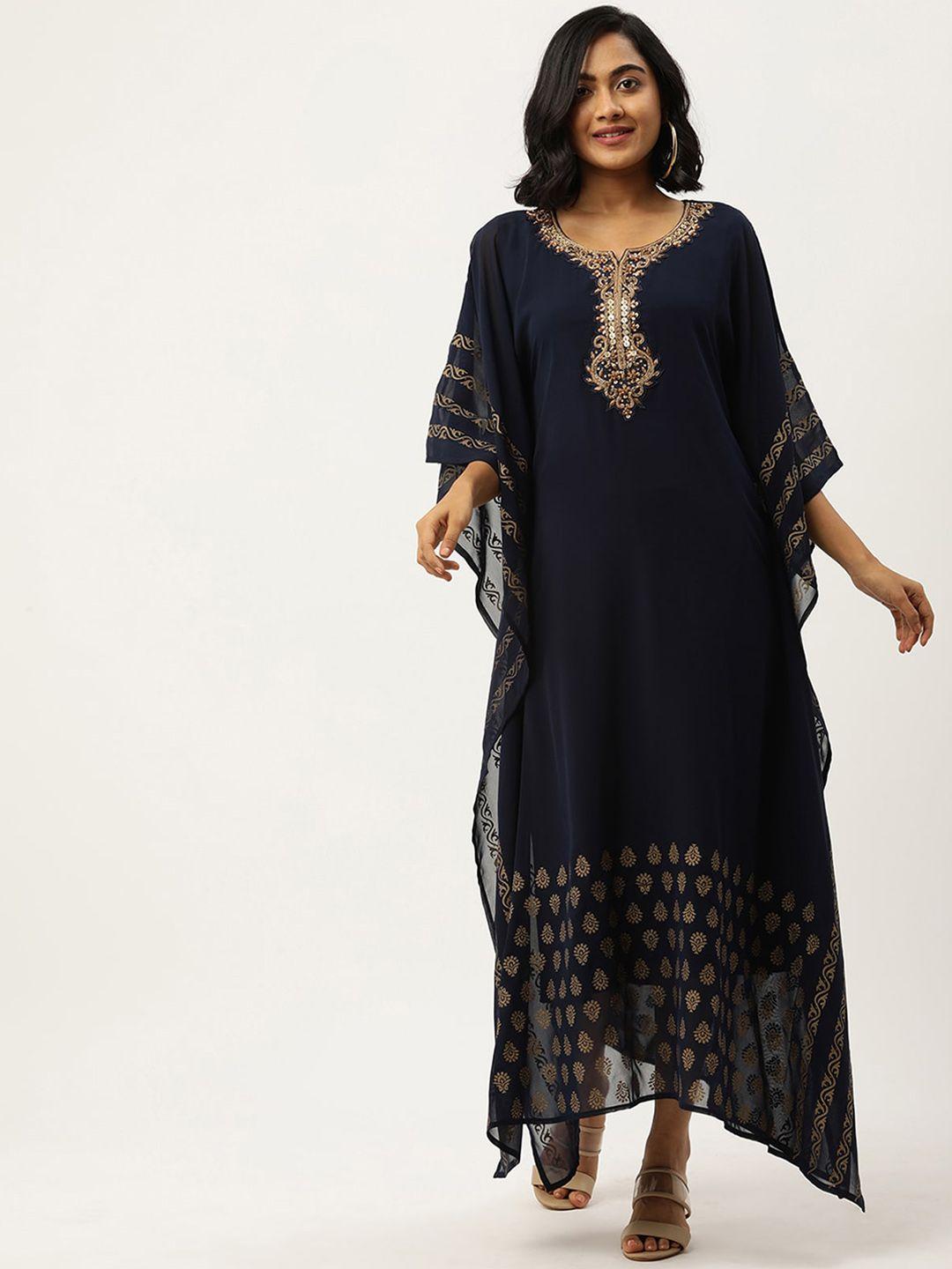 odette women navy blue ethnic motifs embroidered flared sleeves georgette kaftan kurta