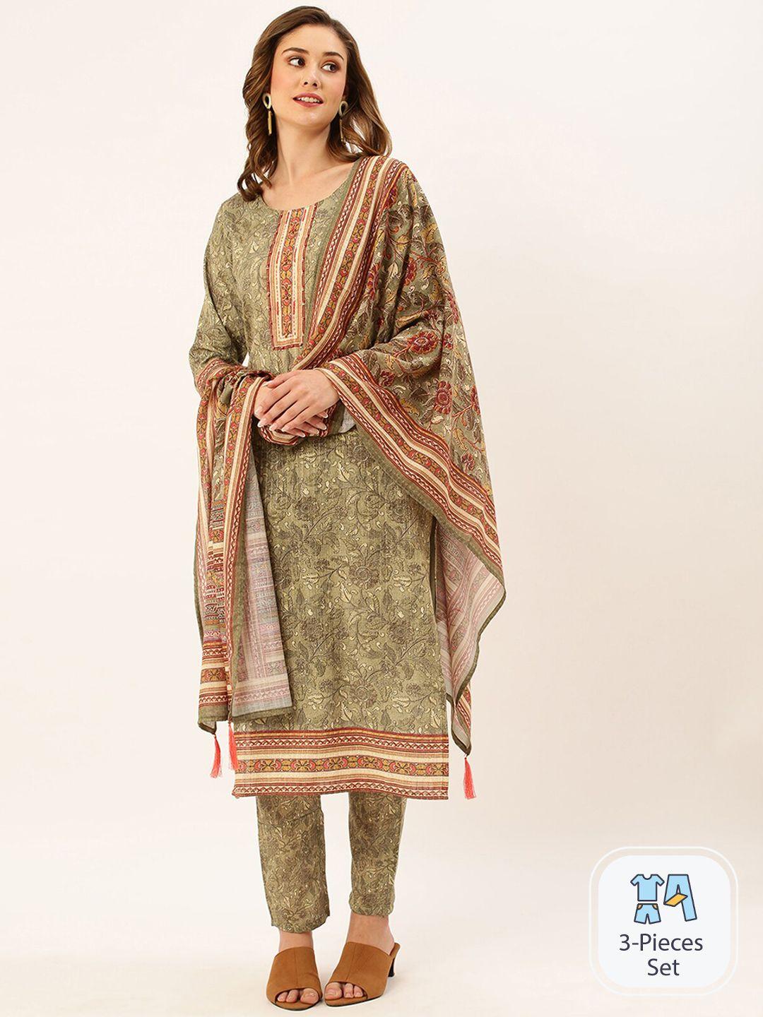 odette women olive green floral printed regular sequinned linen kurta with trousers & with dupatta