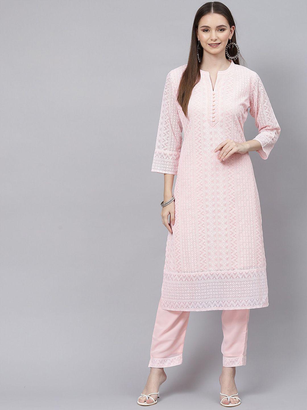 odette women peach-coloured geometric keyhole neck thread work georgette kurta